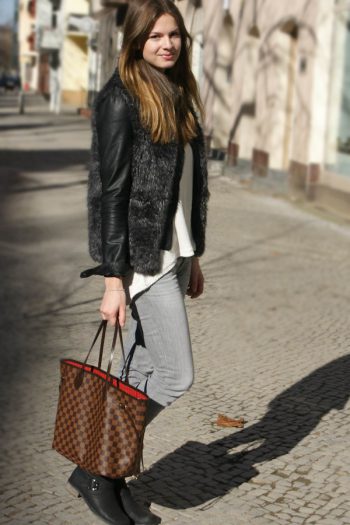 faux fur vest x leather jacket