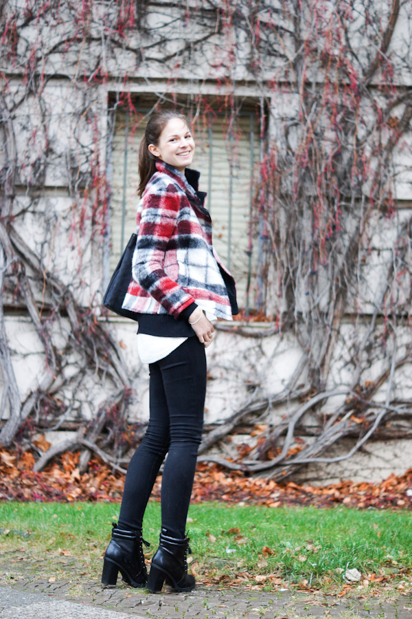 red white black checkered wool coat