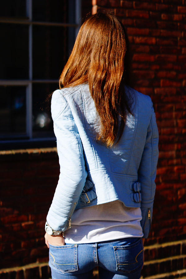 light blue leather jacket