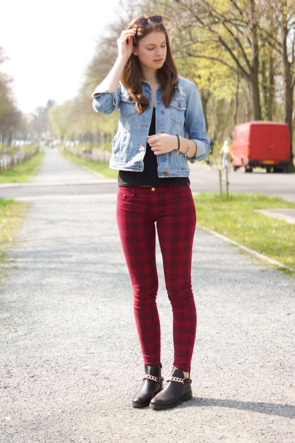 red chequered Zara Jeans