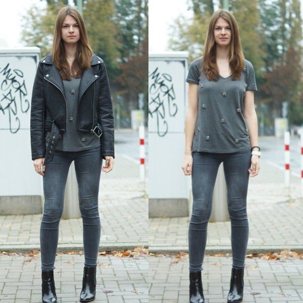 Outfit mit und ohne Lederjacke im Vergleich