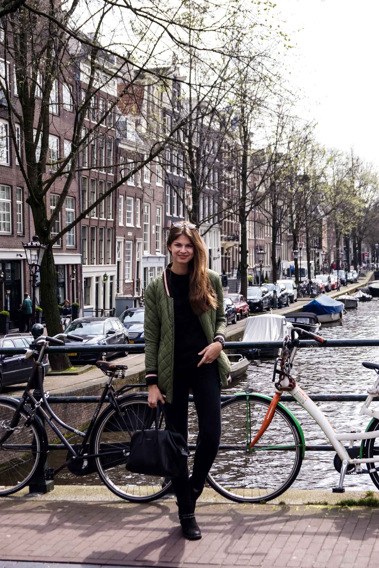 Amsterdam Outfit #2 - All black and green bomber jacket