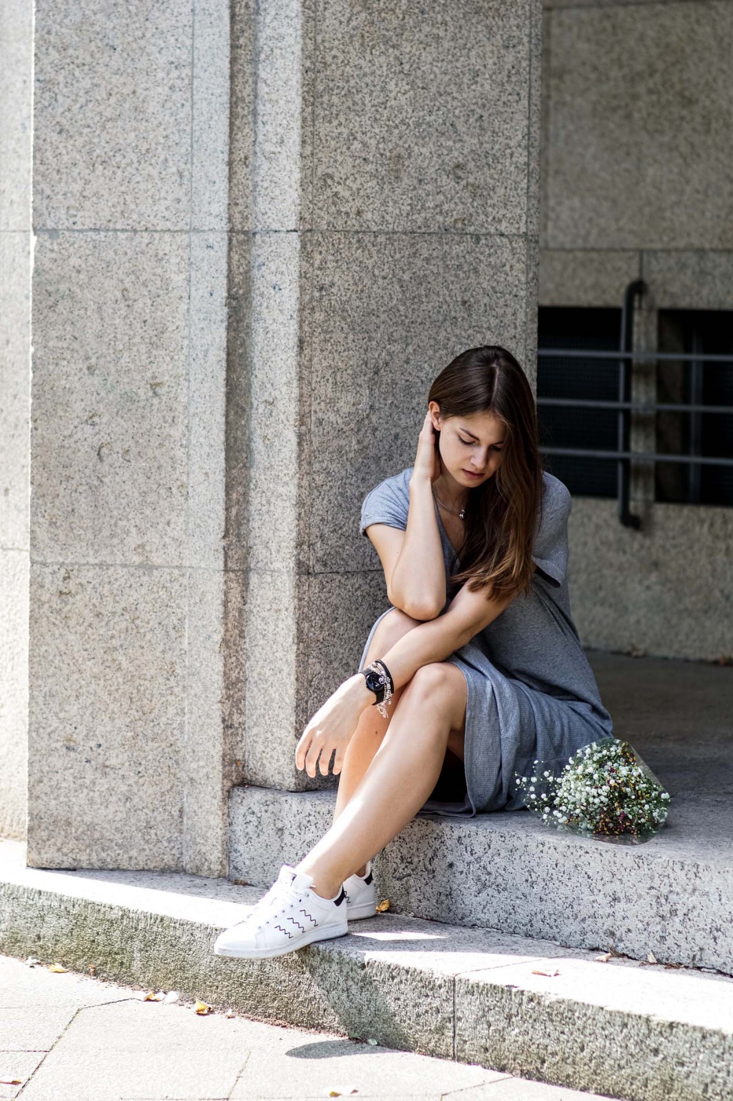 Grey Maxi Dress and White Sneakers