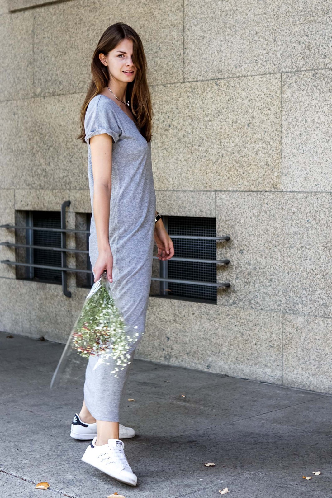 grey dress with sneakers