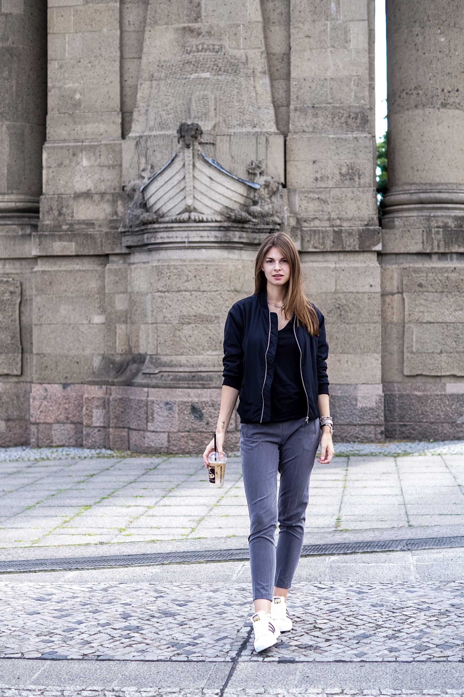 white shoes grey pants