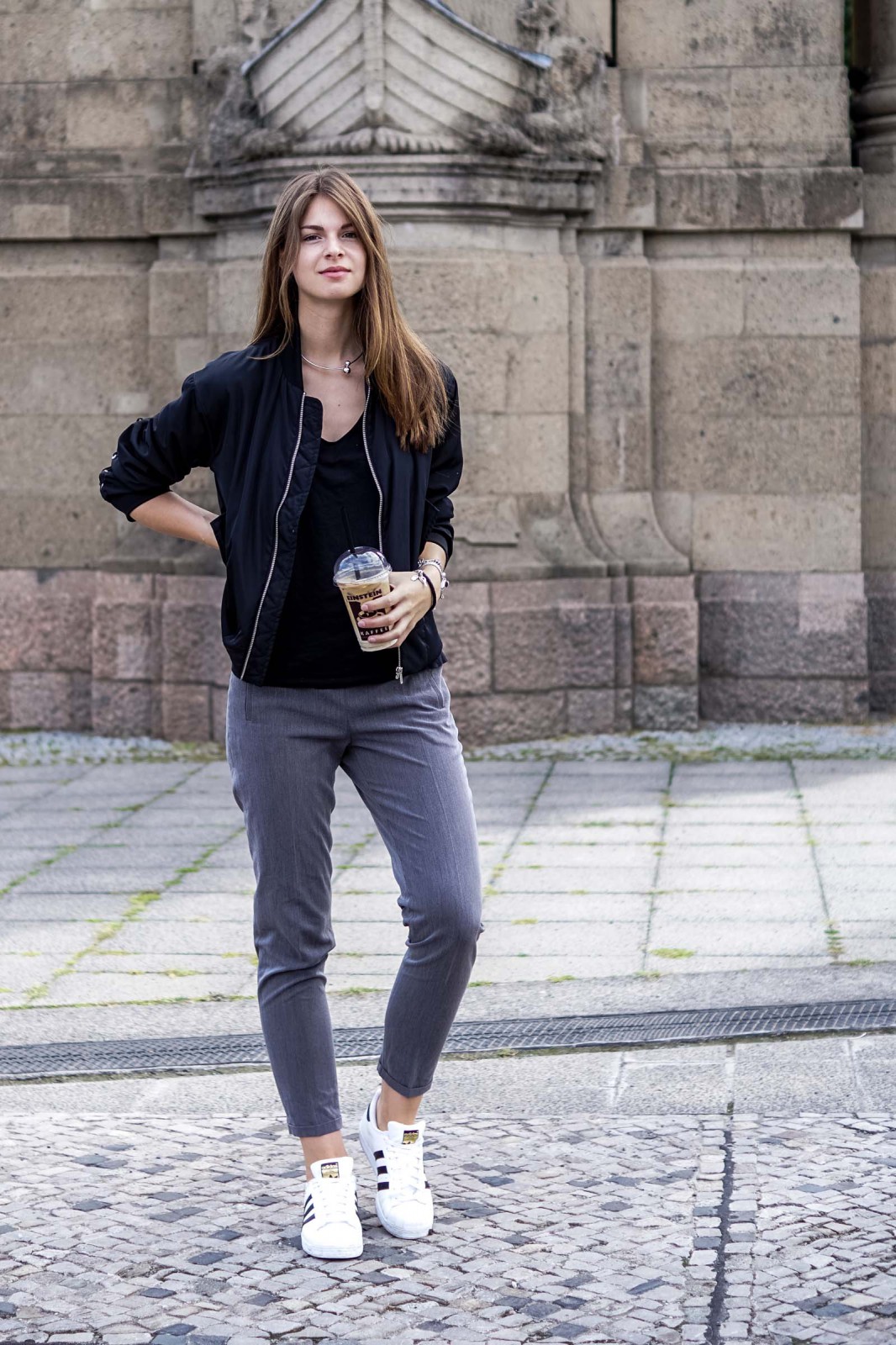 grey pants white sneakers