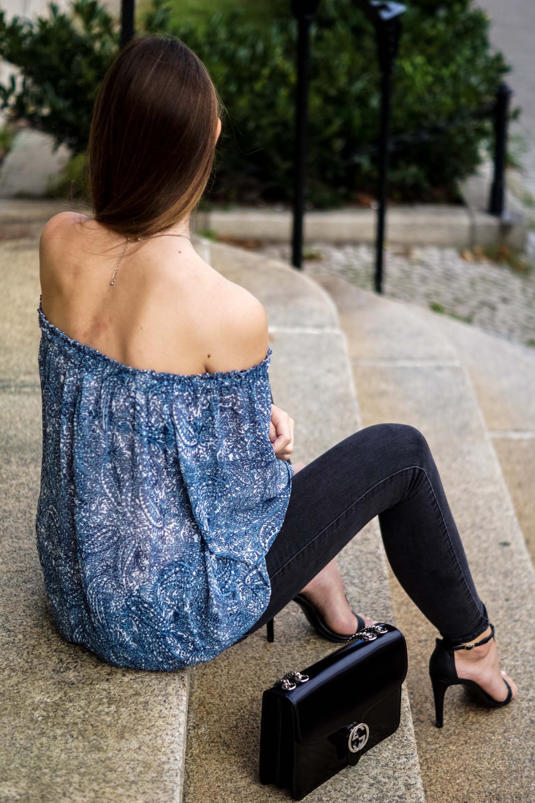 patterned off-shoulder shirt