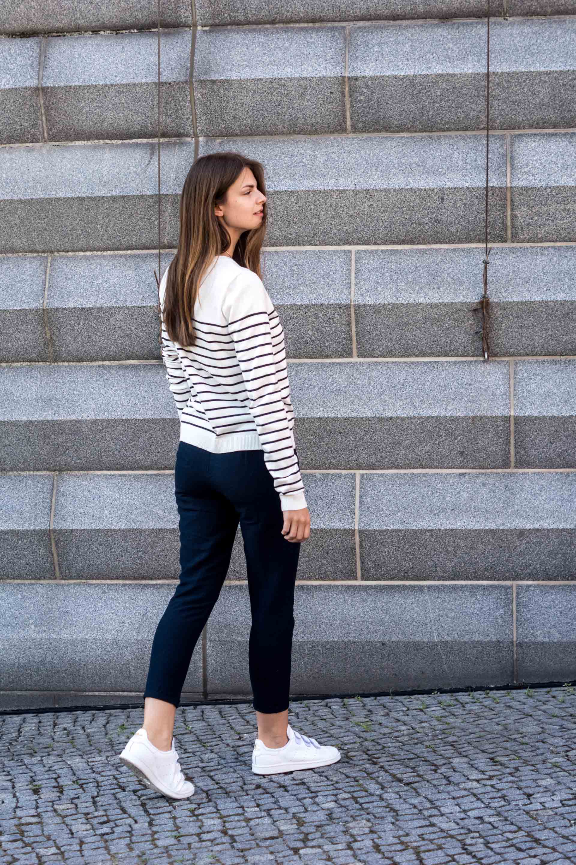 blue pants white stripes