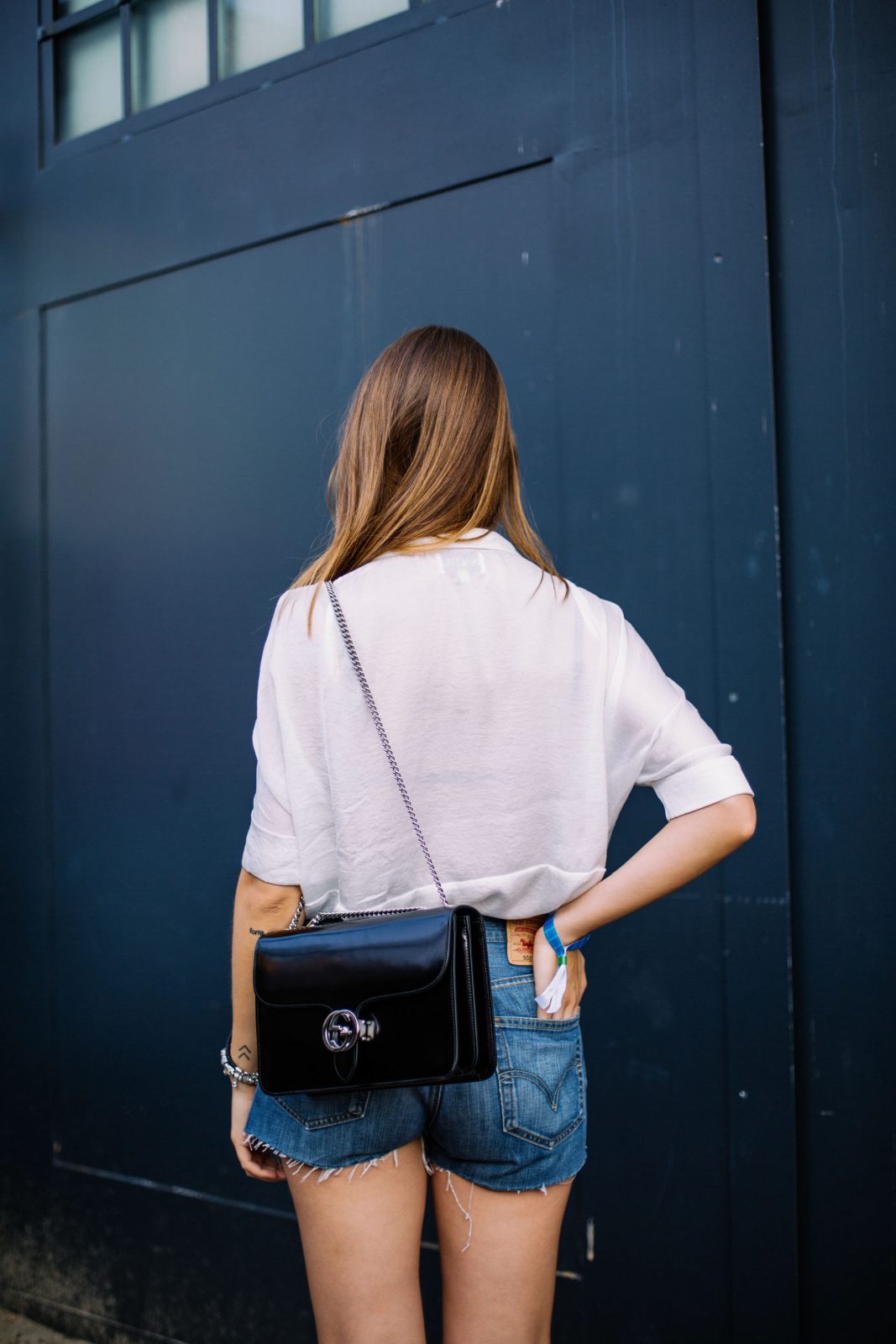 Denim Shorts and white shirt in combination