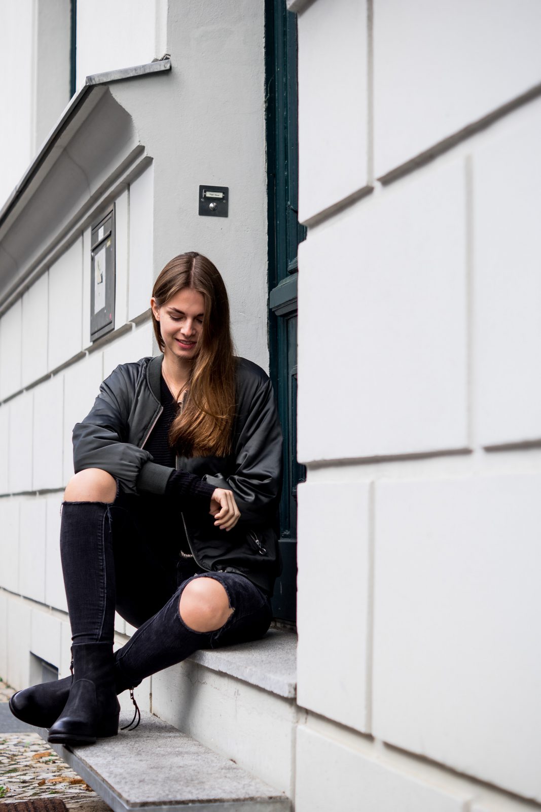Green Bomber Jacket and black Boots Autumn Uniform