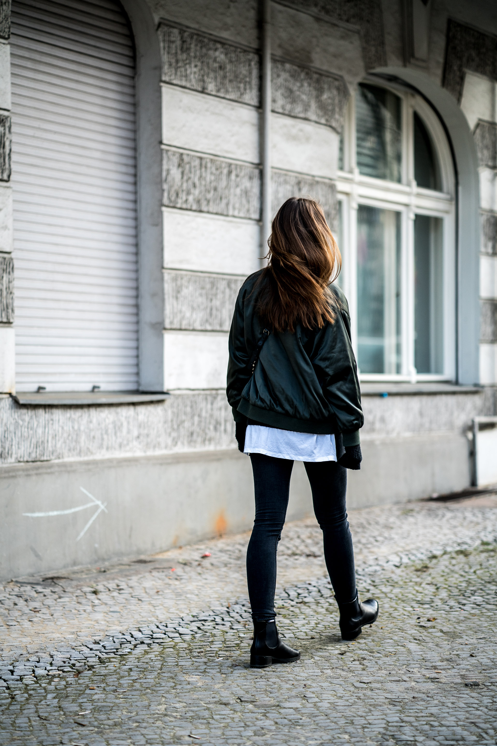 Green Bomber Jacket, Black Jeans and other layers