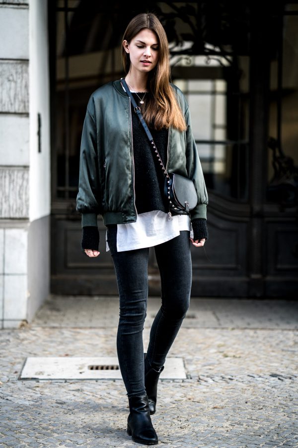 Green Bomber Jacket, Black Jeans and other layers