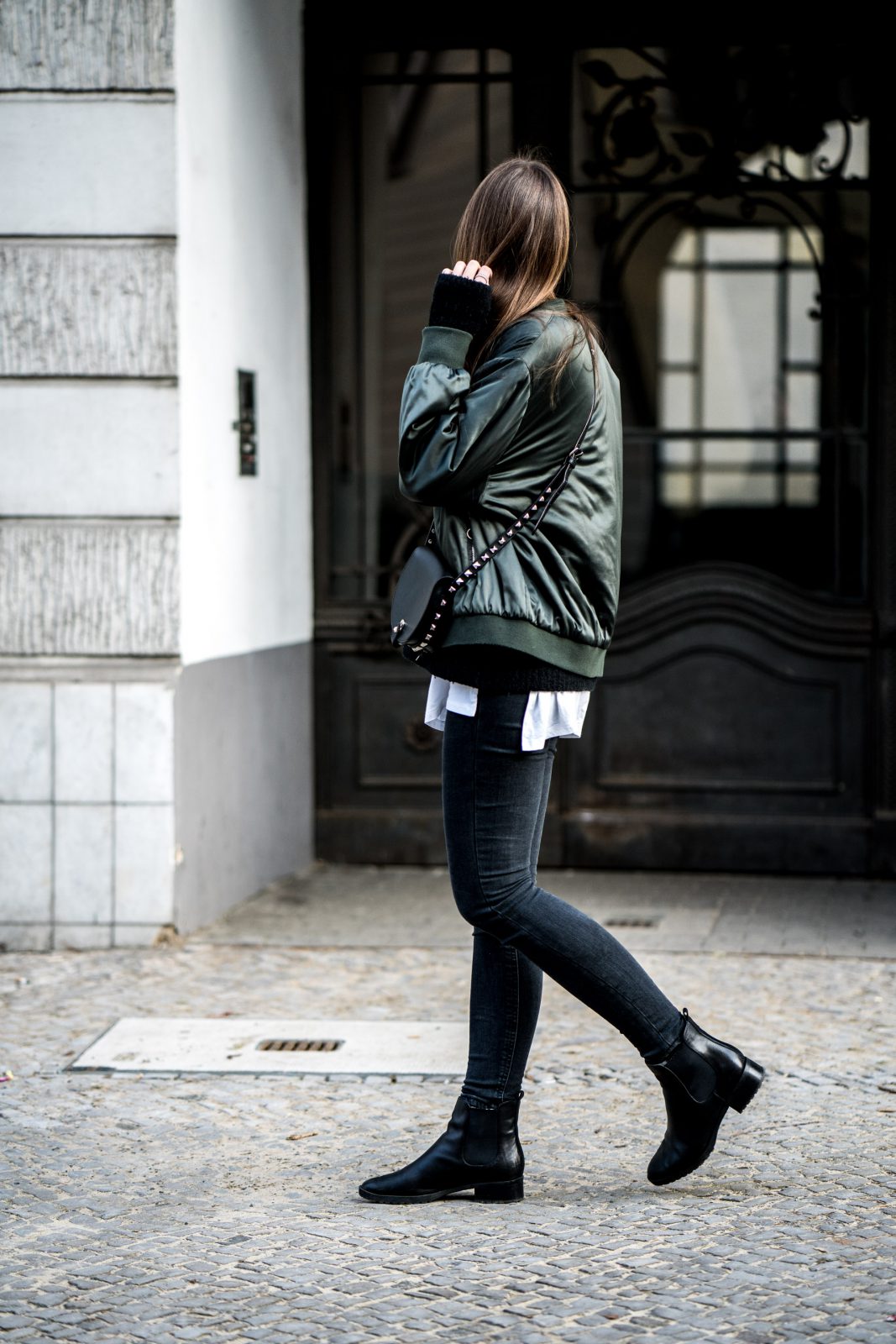 Green Bomber Jacket, Black Jeans and other layers