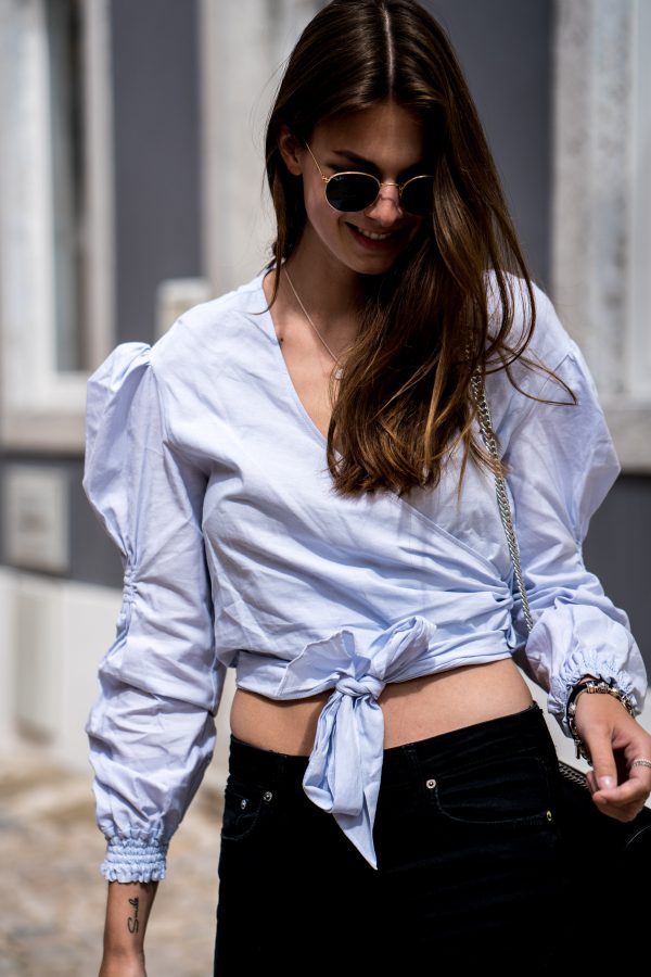 Streets of Cascais || Shirt with wrap detail at front and black jeans