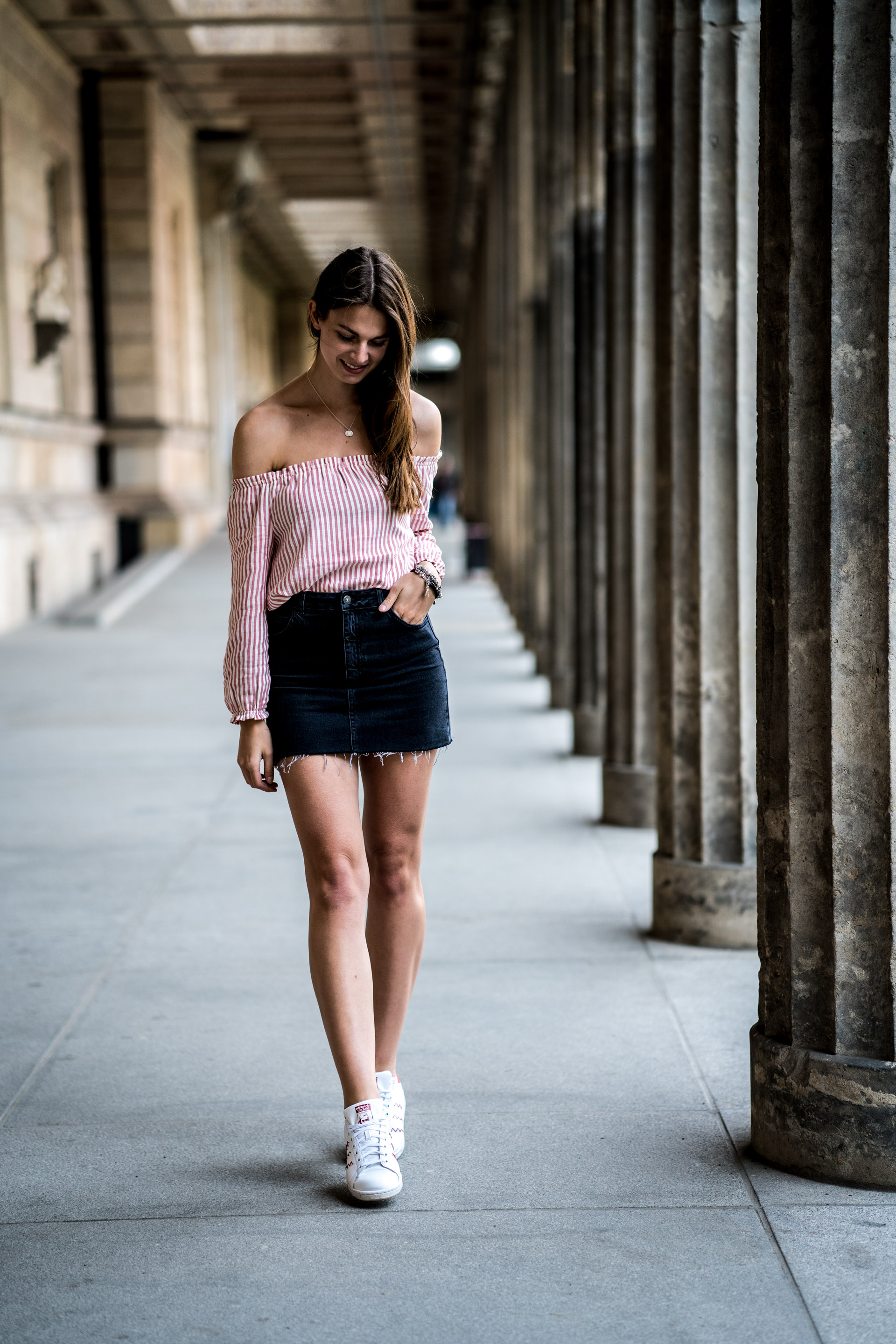 Black Denim Skirt Black Sweater And Striped Off Shoulder Shirt