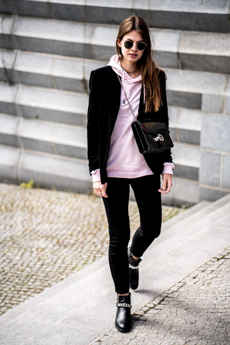 Pink Hoodie and Black Blazer Casual Chic Spring Outfit