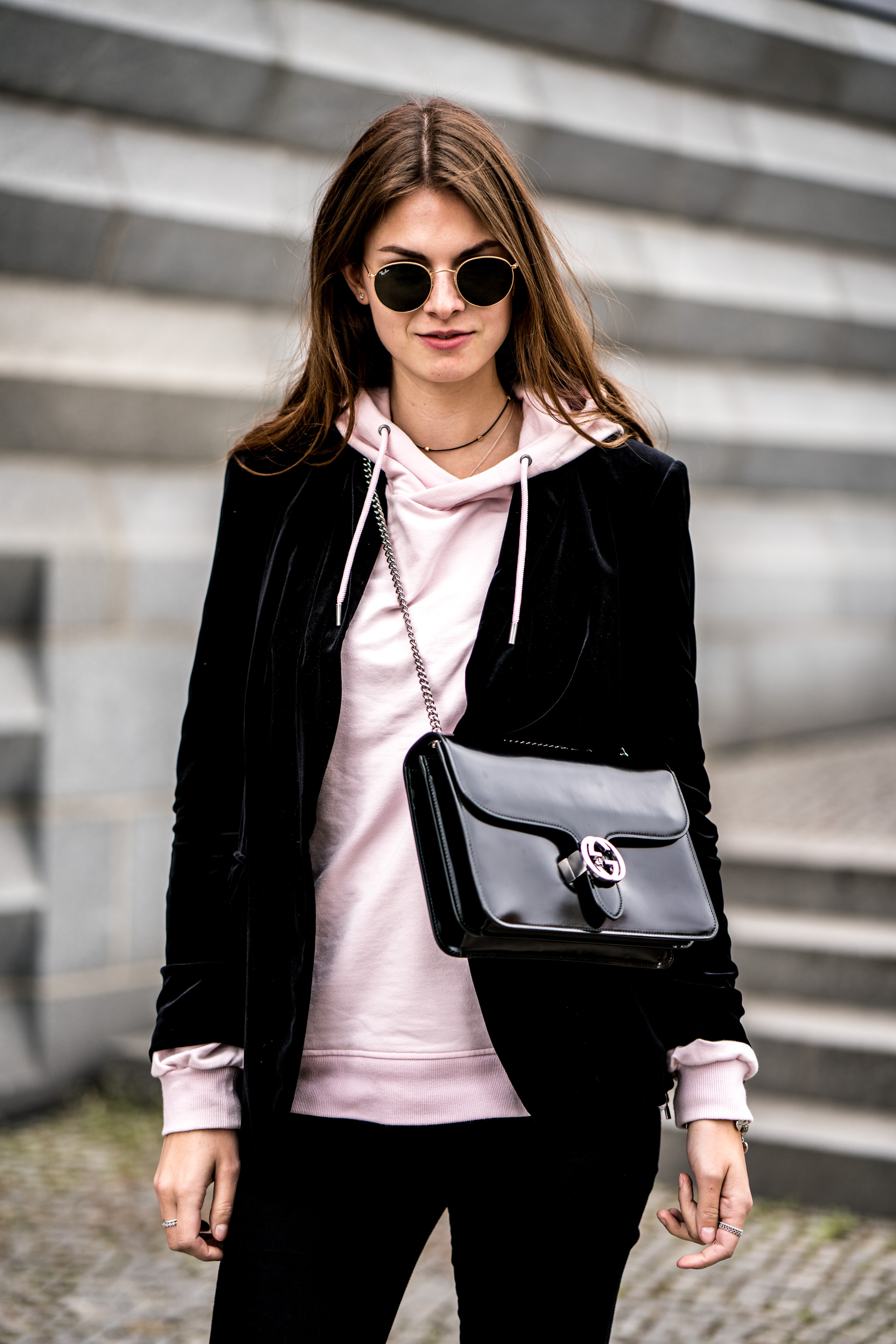 Pink Hoodie and Black Blazer Casual Chic Spring Outfit