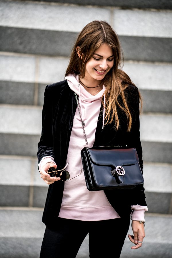 Pink Hoodie and Black Blazer || Casual Chic Spring Outfit