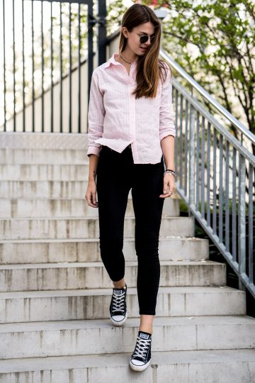 black jeans and pink shirt