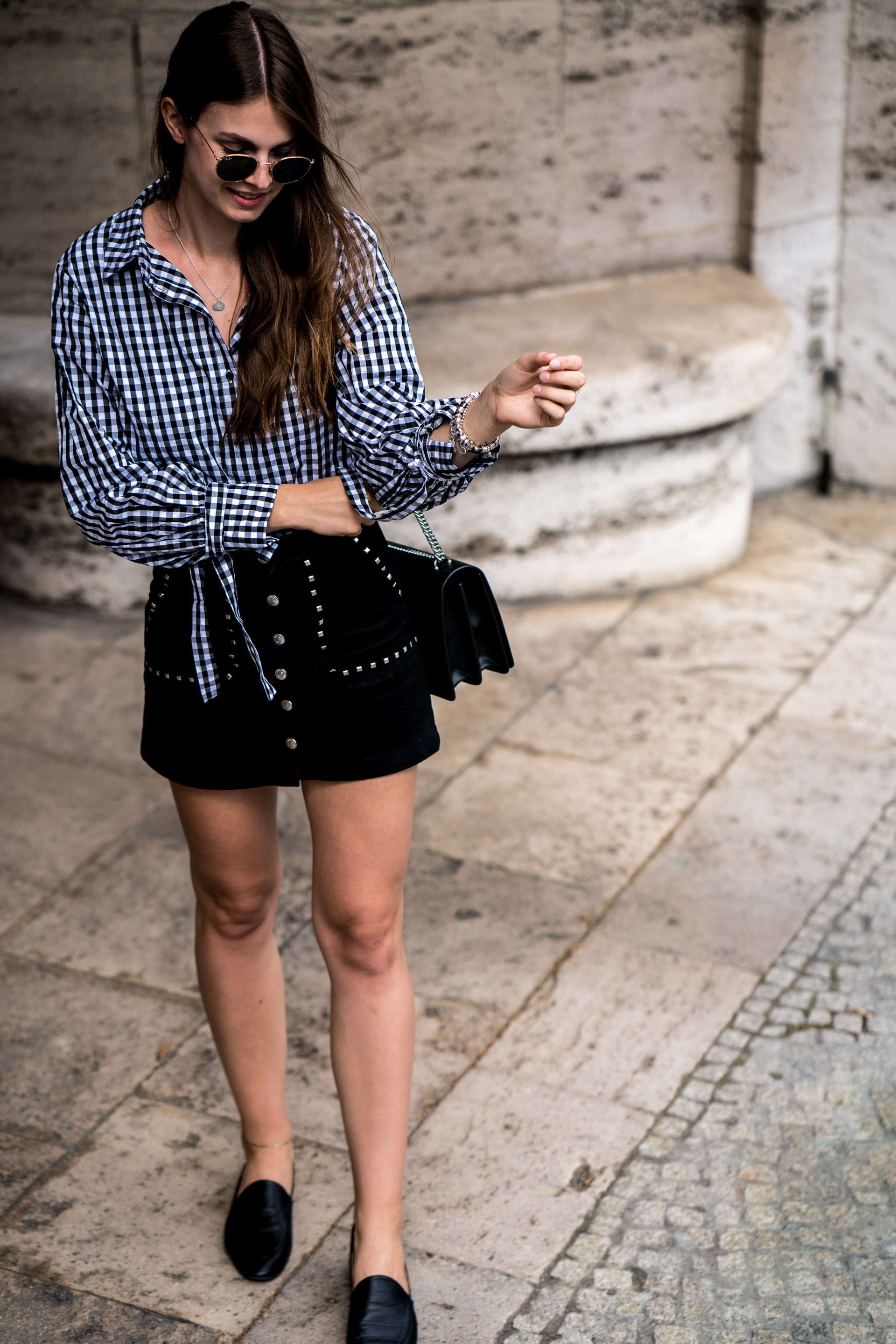 Gingham Shirt and Black Denim Skirt How to wear gingham