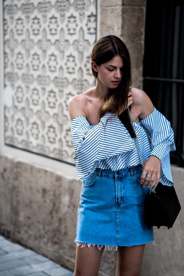 How to wear a Denim Skirt and striped off shoulder shirt || Fashionblog