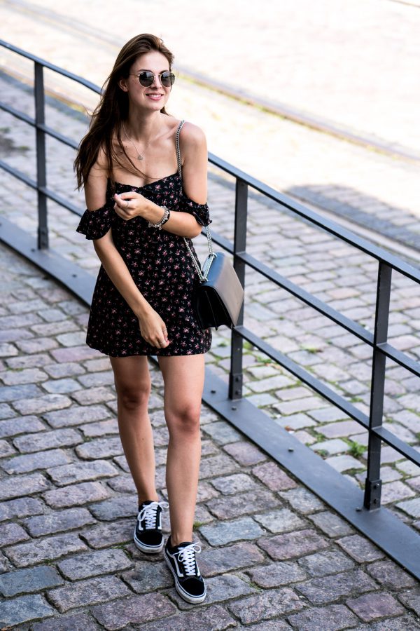 Floral Summer Dress combined with Black Sneakers