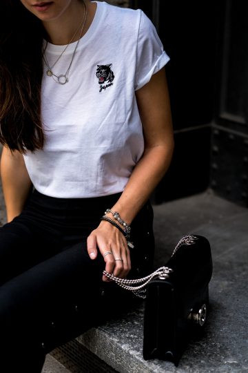 black bag with silver chain