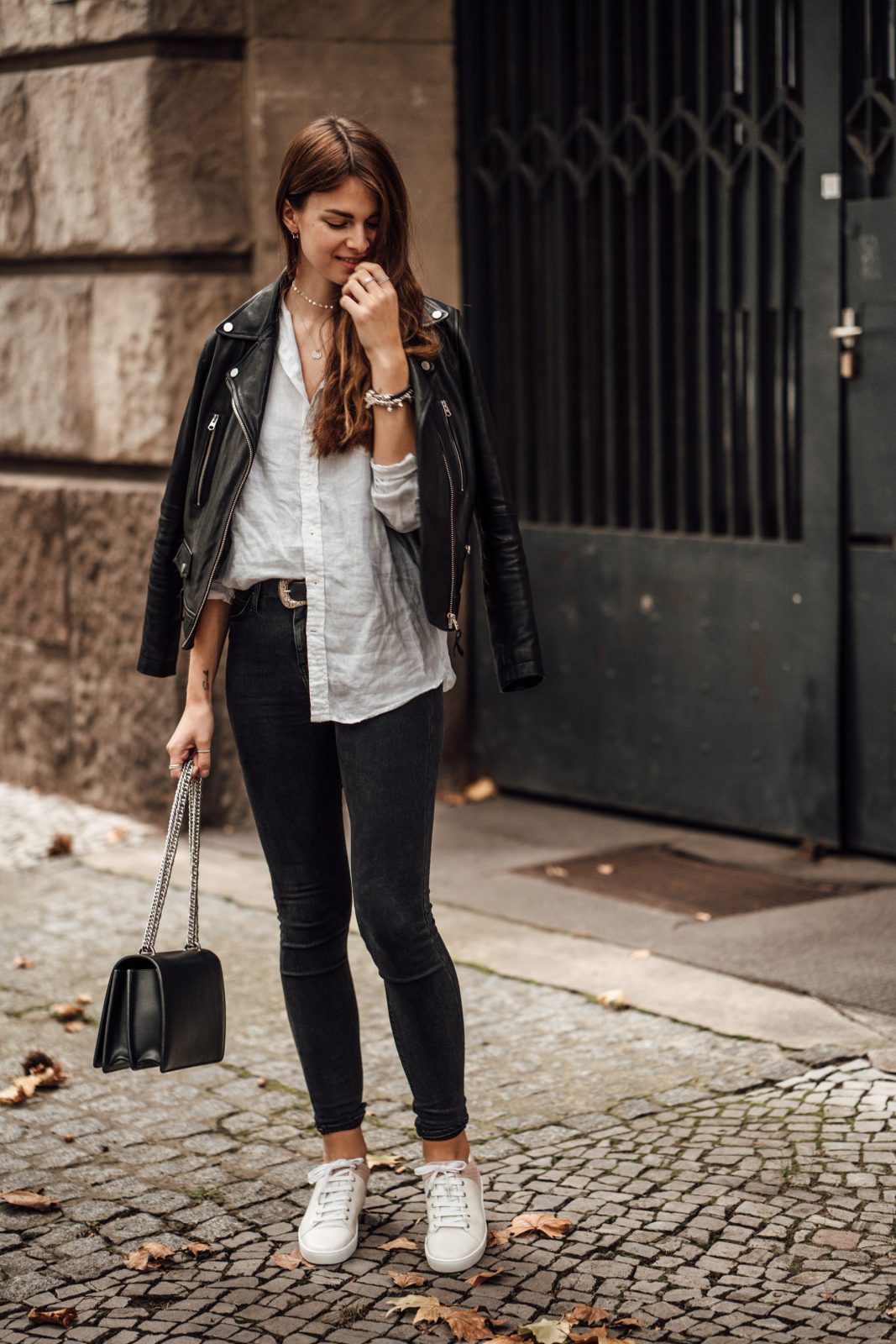 Woman's Outfit Idea Leather Jacket and White Shirt Casual Chic Outfit