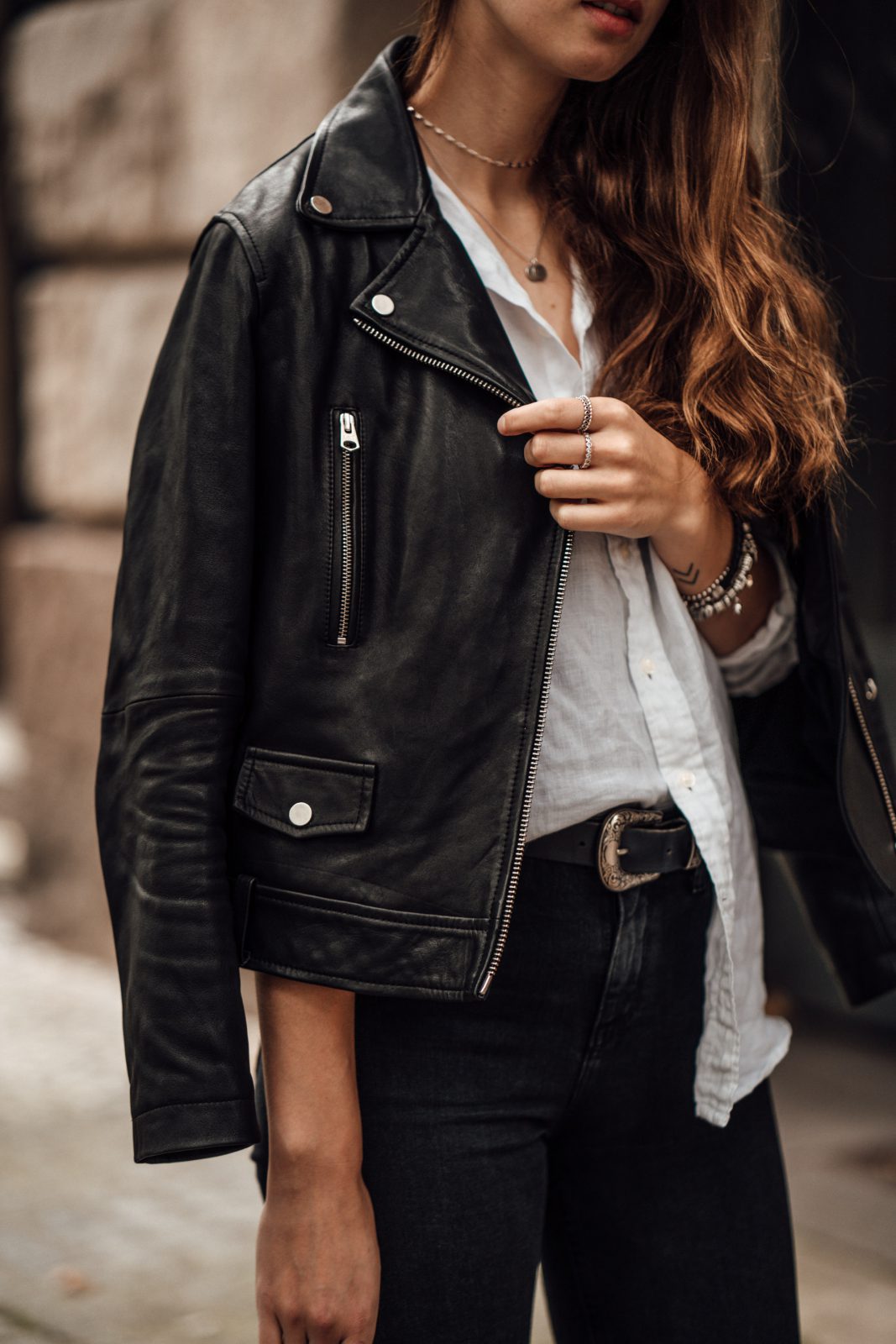 Woman's Outfit Idea Leather Jacket and White Shirt Casual Chic Outfit