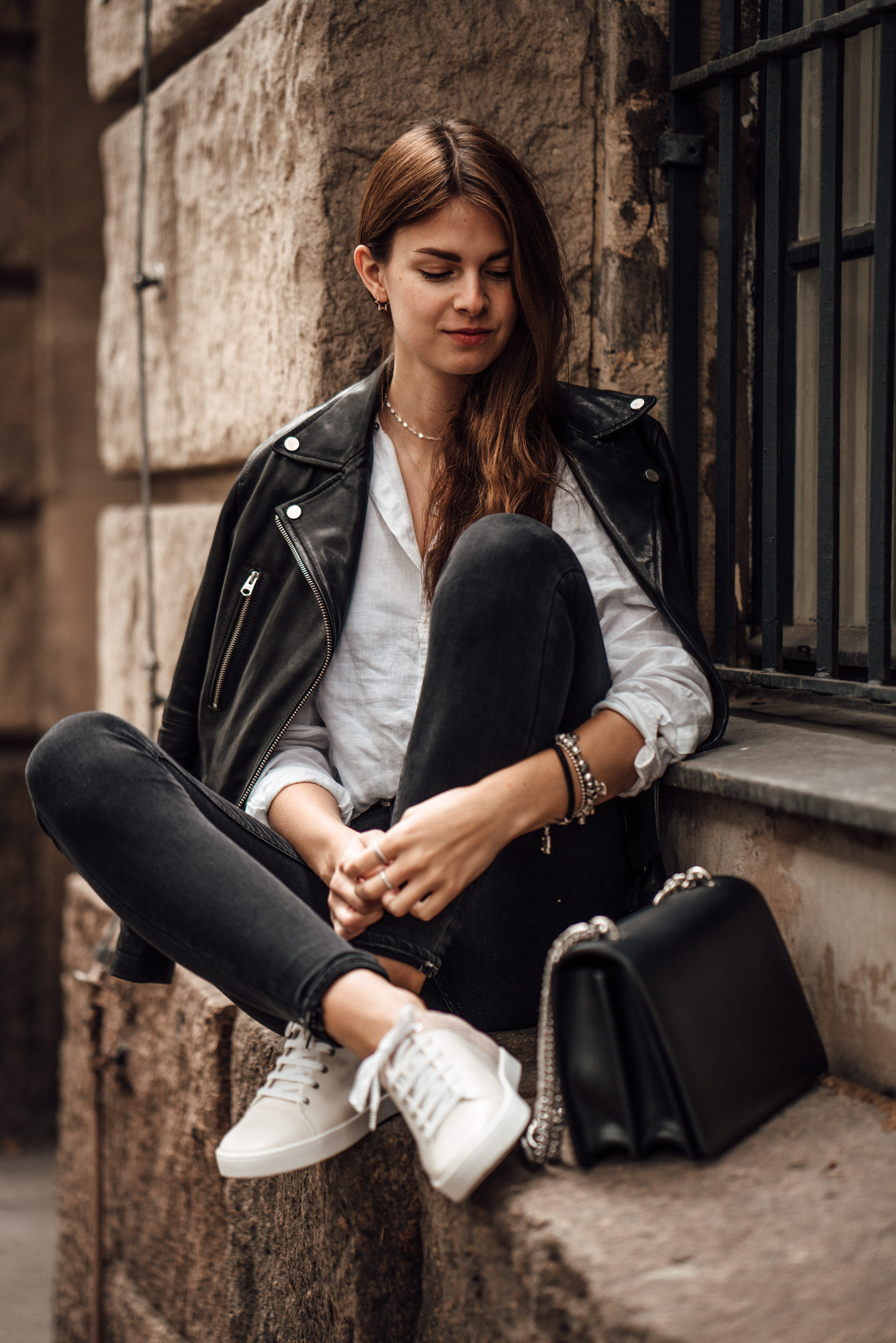 Woman's Outfit Idea Leather Jacket and White Shirt Casual Chic Outfit