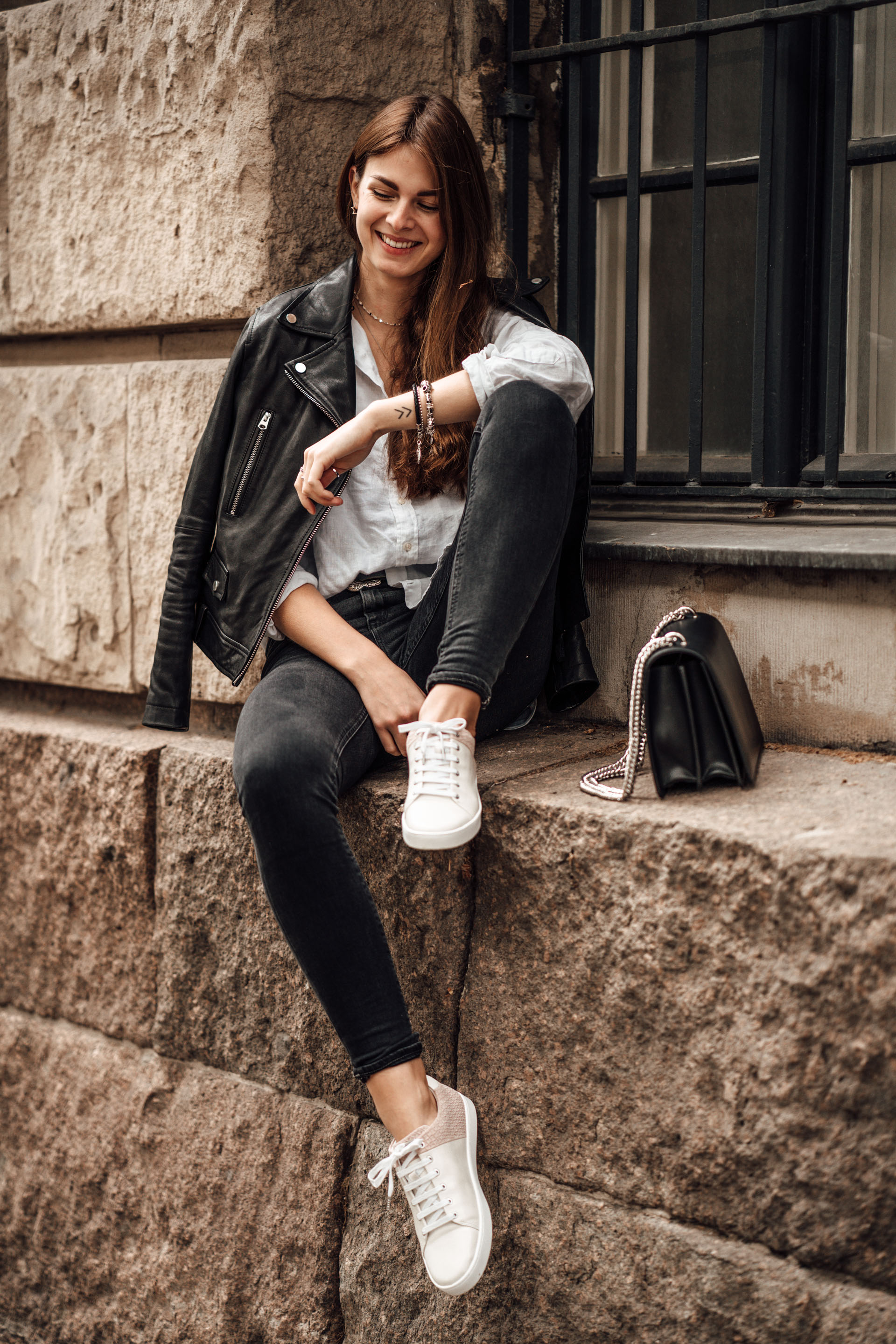 Woman's Outfit Idea: Leather Jacket and White Shirt