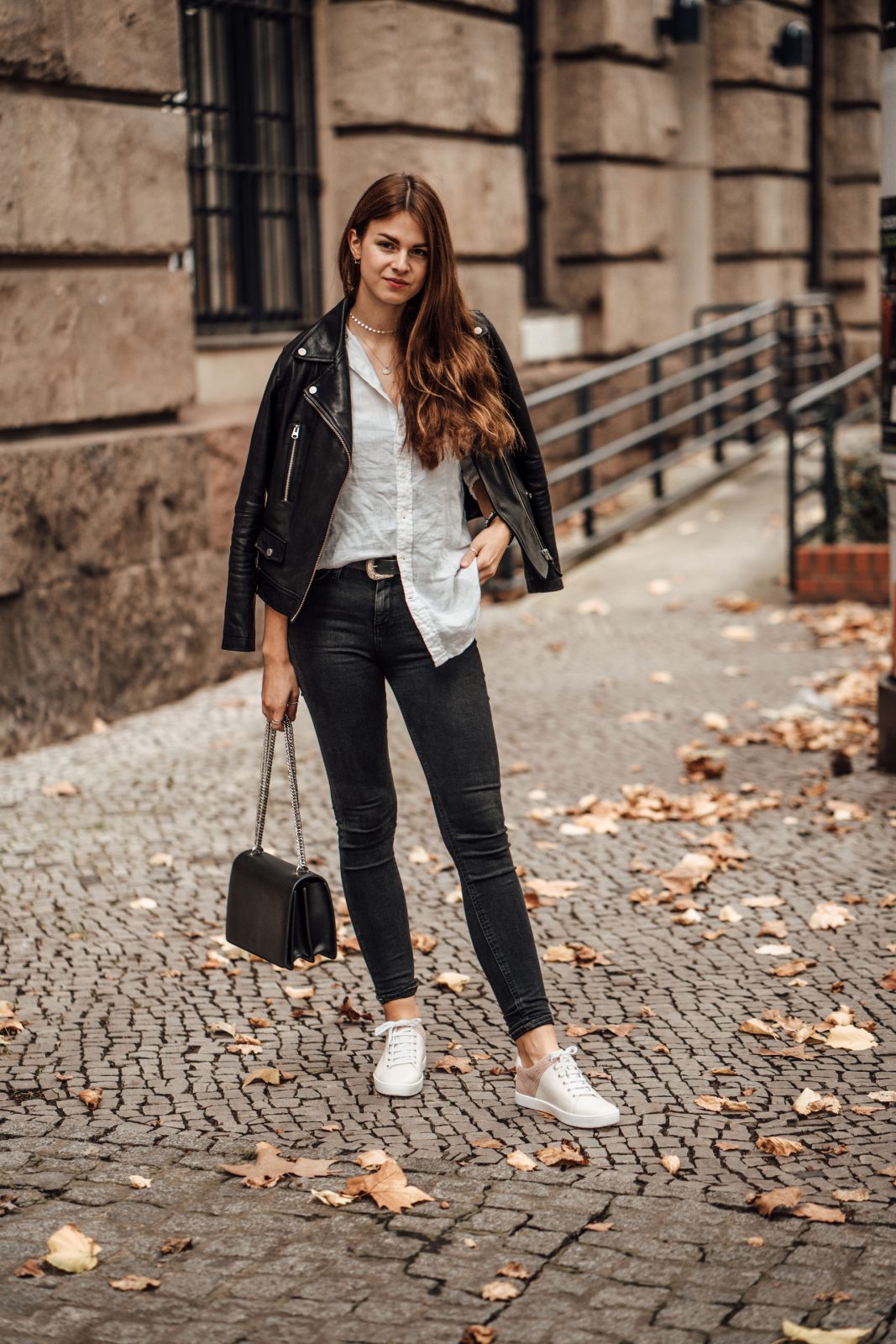 Woman's Outfit Idea Leather Jacket and White Shirt Casual Chic Outfit