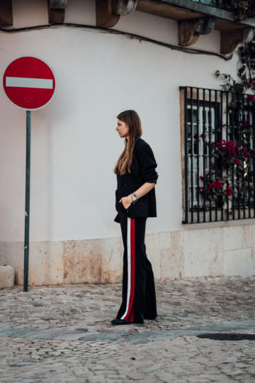 black pants with red stripes