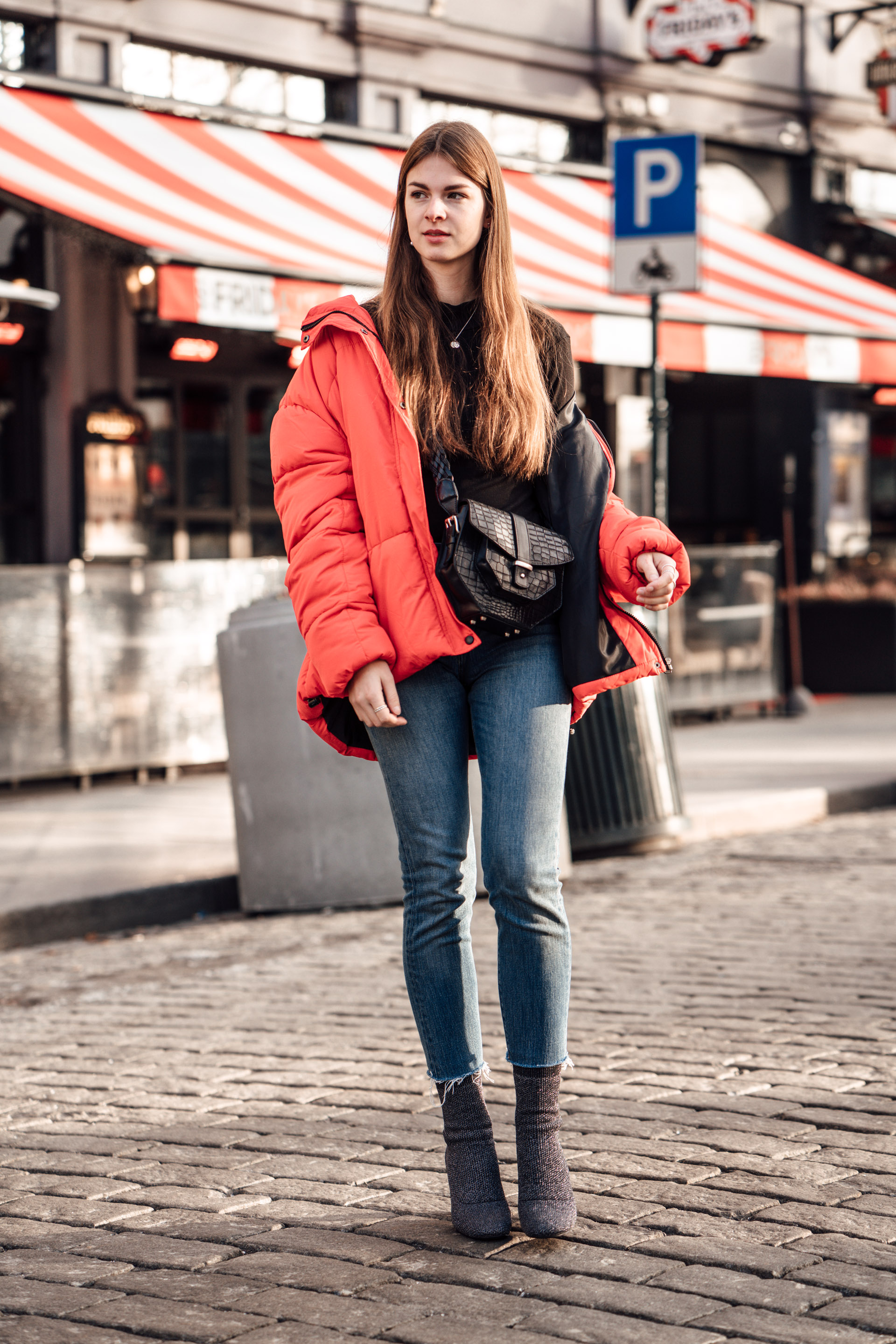 red jacket blue pants