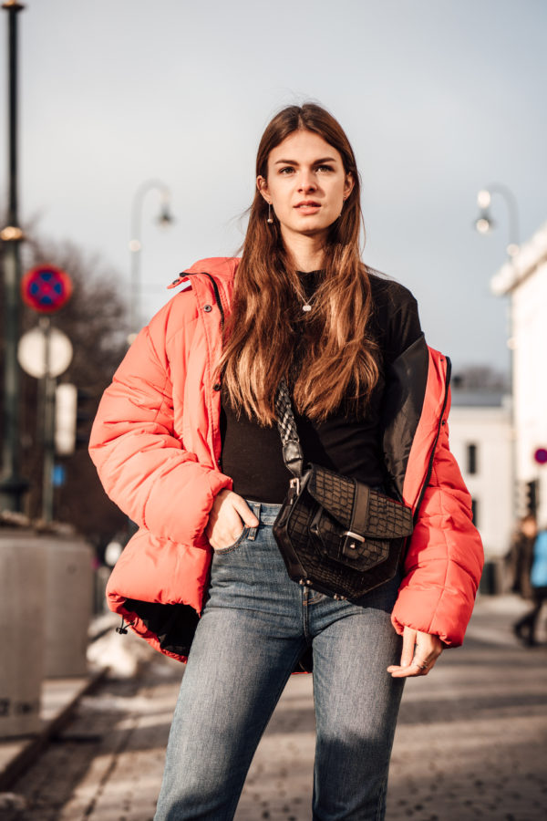 red puffer jacket styling