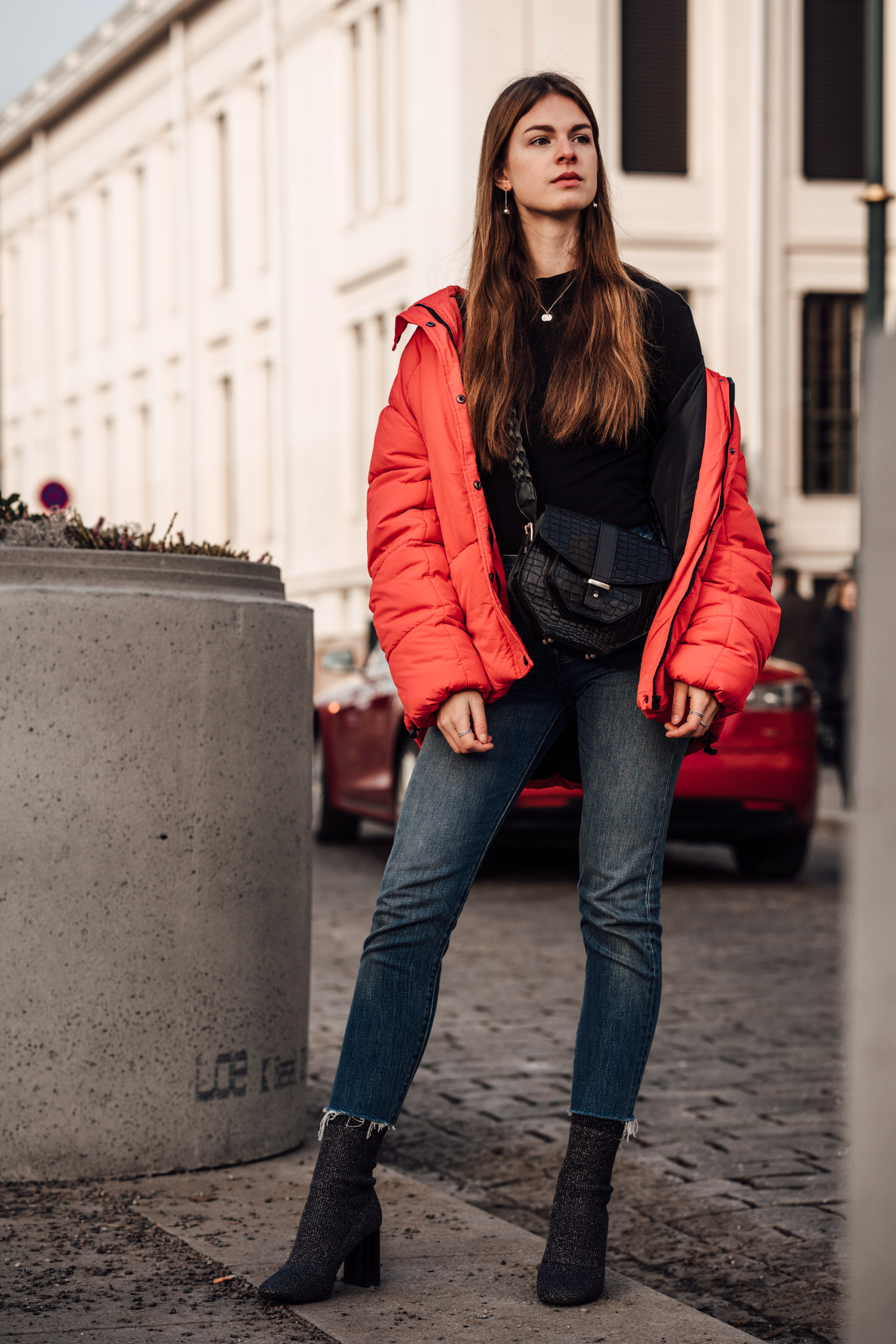 Oslo Runway Outfit A casual chic way to wear a red puffer jacket
