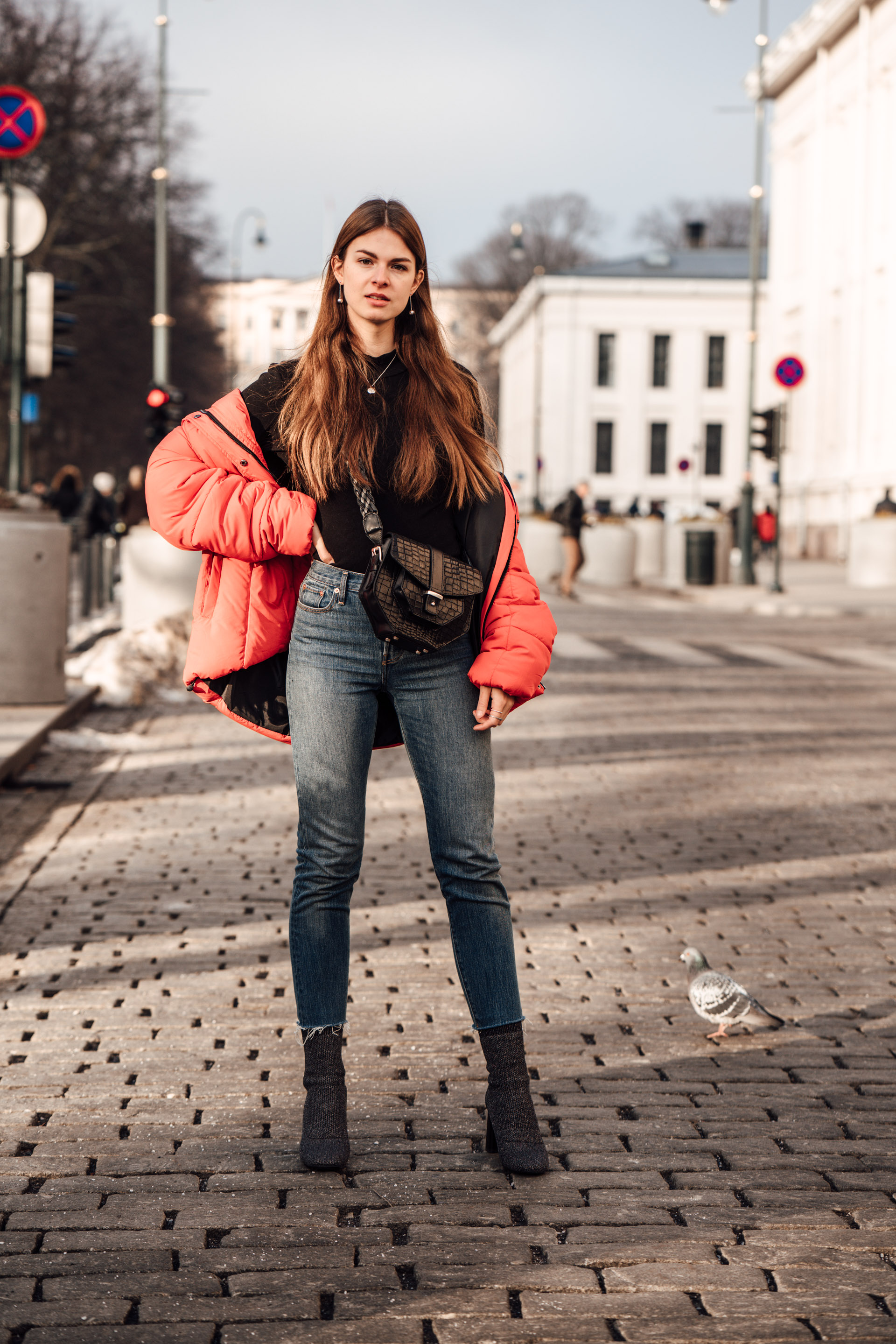 Oslo Runway Outfit A casual chic way to wear a red puffer jacket