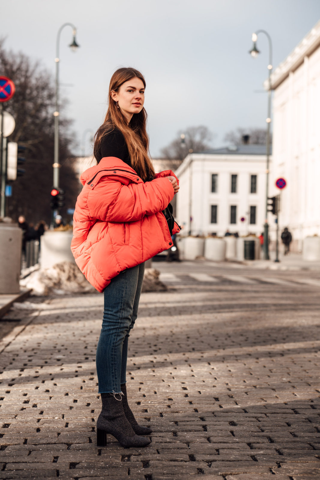Oslo Runway Outfit A casual chic way to wear a red puffer jacket