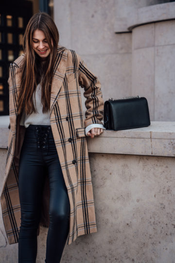 Camel coat with plaid print