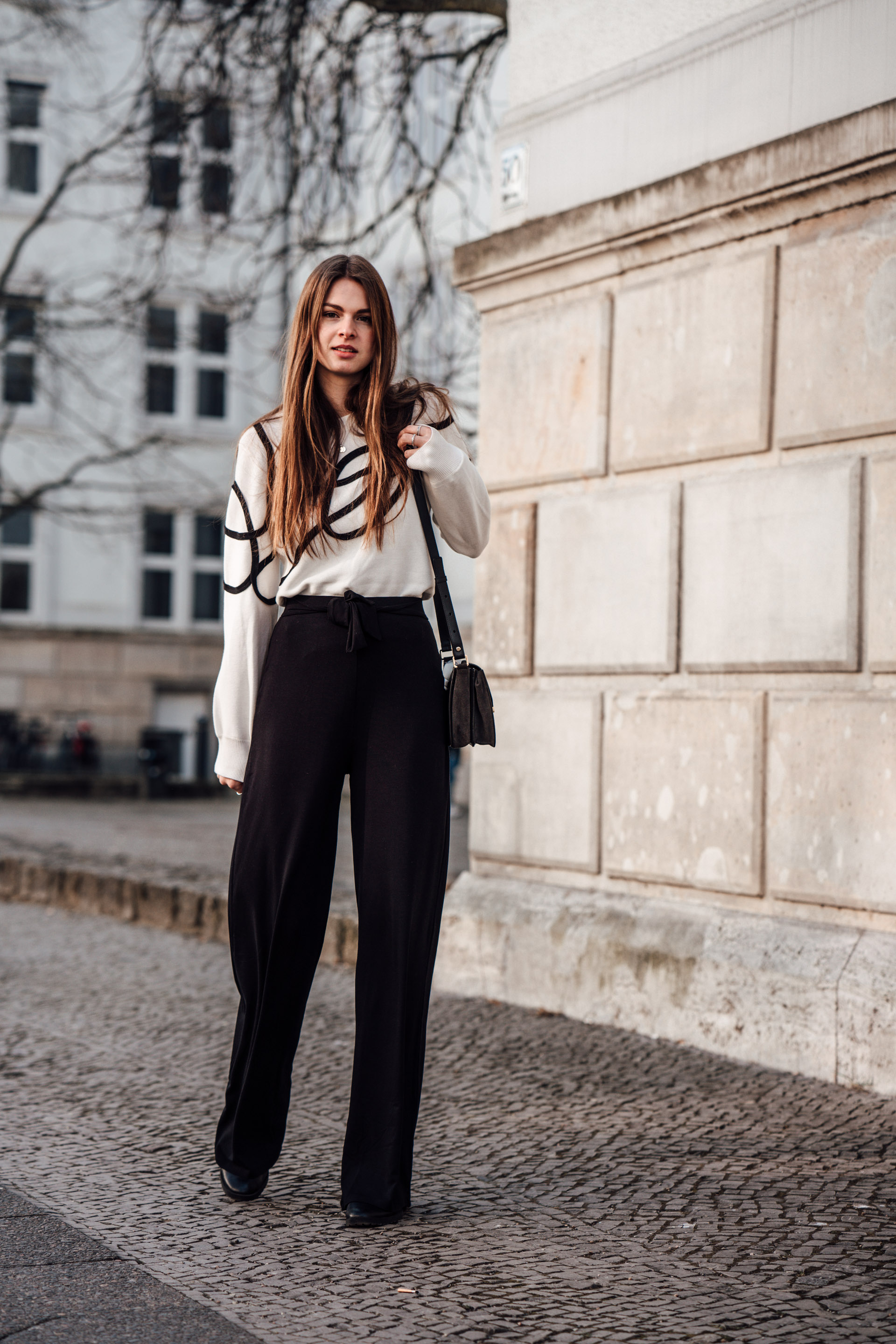 Spring Outfit: combining wide leg pants and white sweater