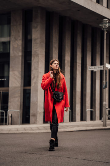 How to wear a red coat, red and black outfit