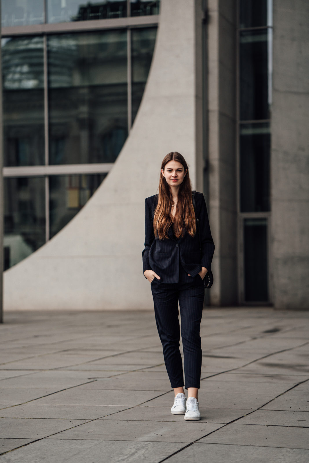 Casual Chic Outfit: Women's suit combined with sneakers