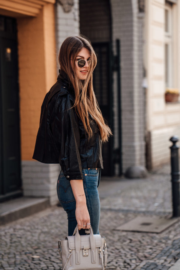 short leather jacket with puffer sleeves