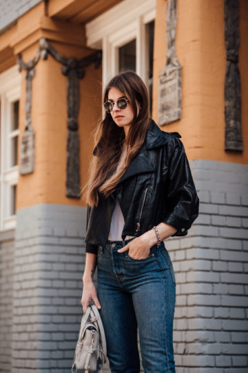 Leather Jacket combined with Mom Jeans