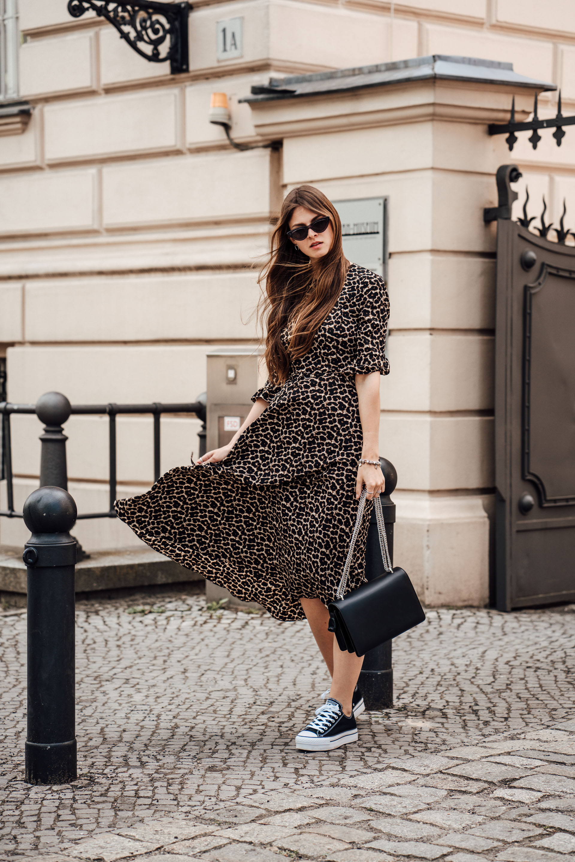 Leo Print Dress combined with black sneakers ||