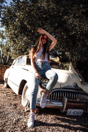 Denim, white and red combined