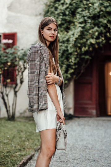 White dress and plaid blazer