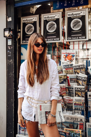 London Outfit: White Shirt and Chain Belt