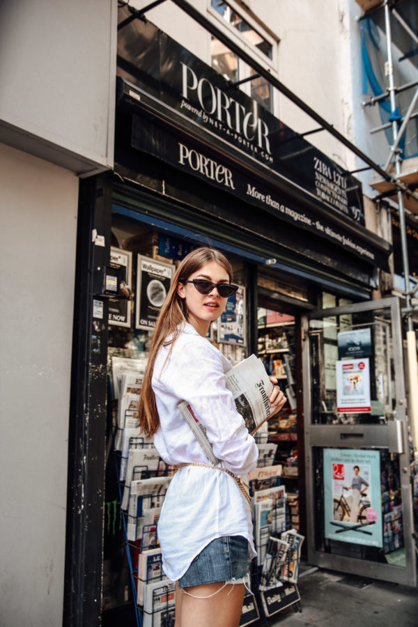 long shirt combined with denim shorts