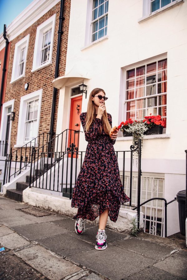 London Travel Outfit: Floral Midi Dress and Ugly Sneakers